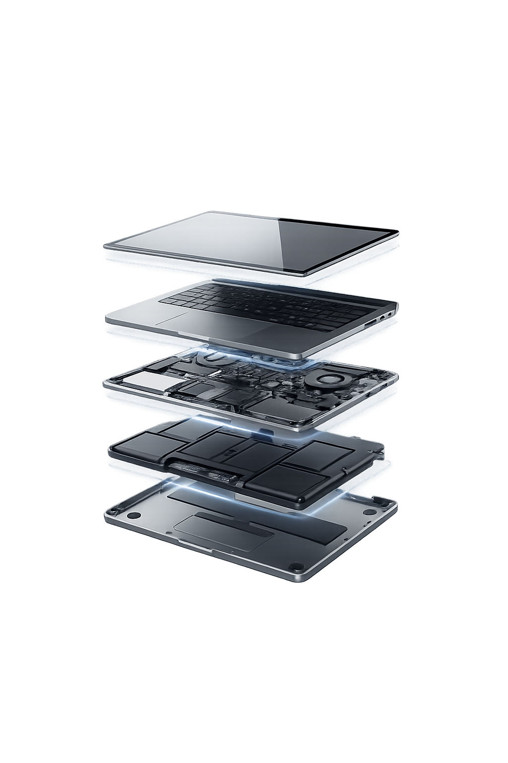 Laptop exploded view showing internal components